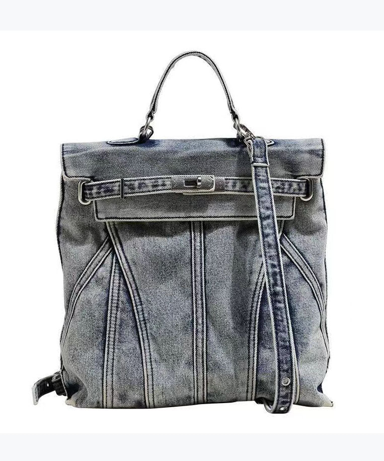 Retro Blau Großer Solider Strapazierfähiger Denim Rucksack GG076