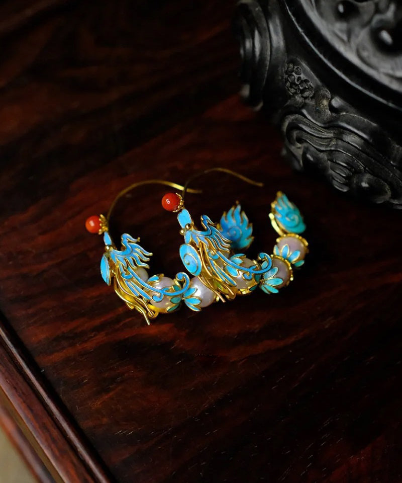 Retro Blue Overgild Agate Pearl Enamel Dragon Shaped Hoop Earrings WQ005