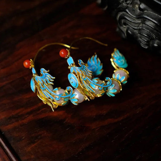 Retro Blue Overgild Agate Pearl Enamel Dragon Shaped Hoop Earrings WQ005