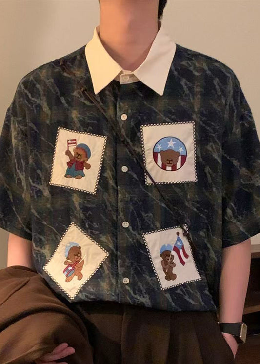 Chemises d'été surdimensionnées en coton pour hommes, à carreaux, boutons bleus rétro