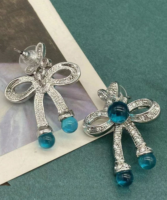 Retro Blue Sterling Silver CrystalColoured Glaze Bow Stud Earrings DF1009