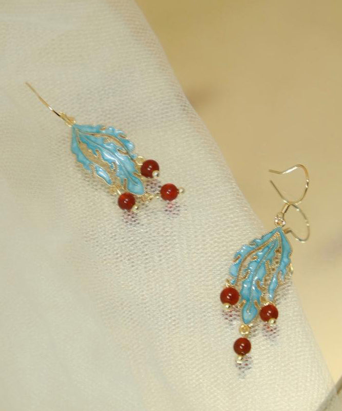 Boucles d'oreilles pendantes en argent sterling et agate cloisonnée bleu rétro QQ043