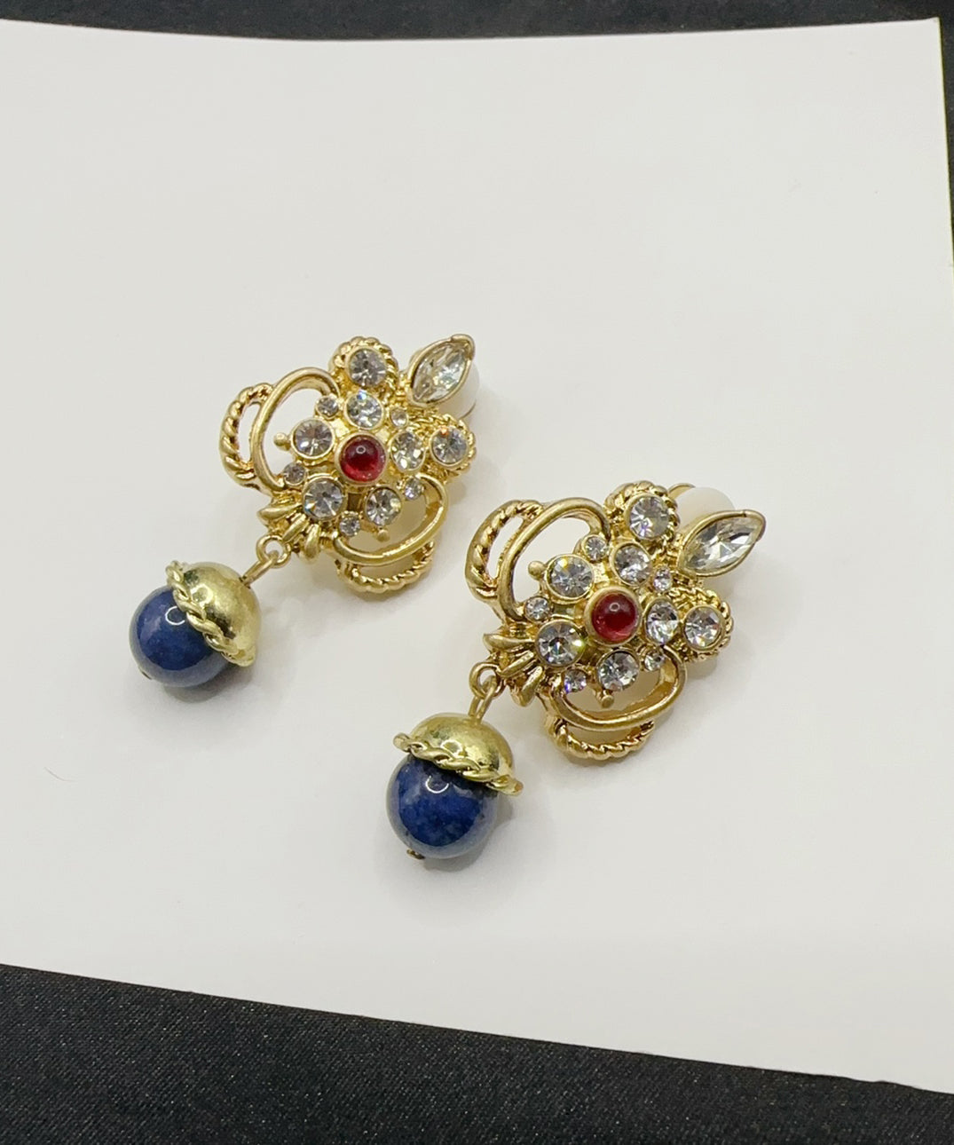 Retro Blue Sterling Silver Overgild Zircon Crystal Glass Drop Earrings GH1026