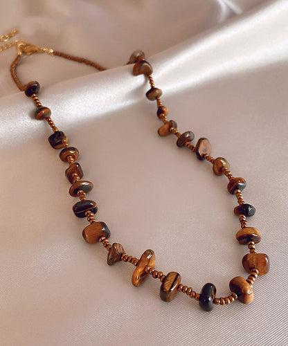 Retro Chocolate Alloy Tiger Eye Stone Beading Gratuated Bead Necklace WI040