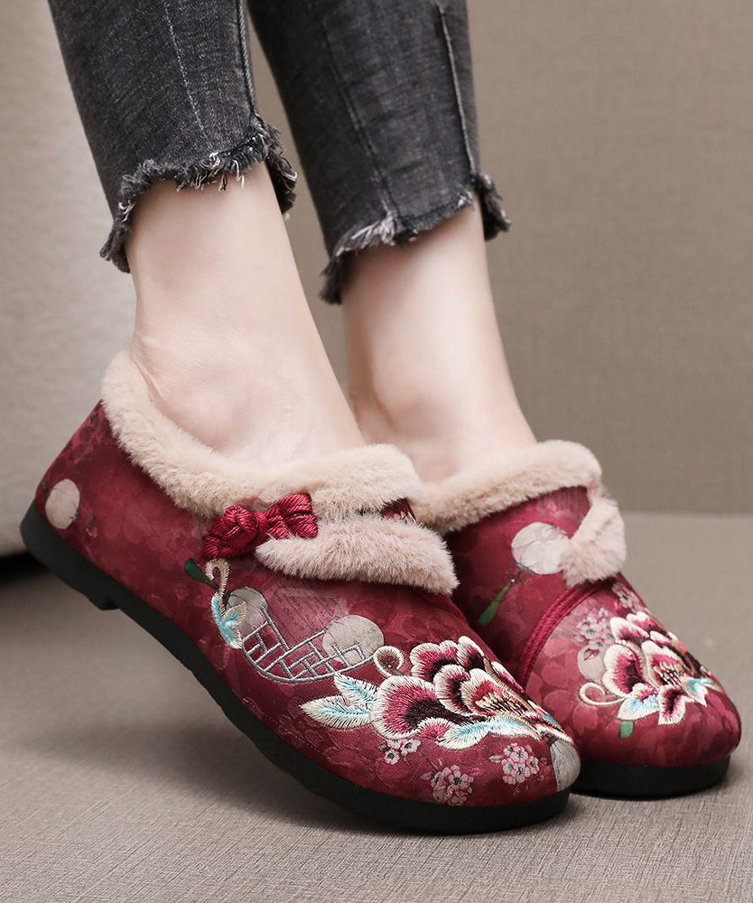 Retro Coffee Embroidery Flat Shoes Splicing Fuzzy Wool Lined TQ051