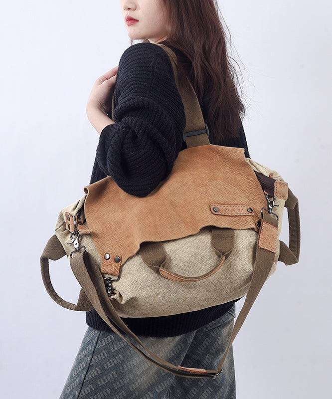 Retro Coffee Large Capacity Calf Leather Patchwork Canvas Satchel Bag Handbag MM052