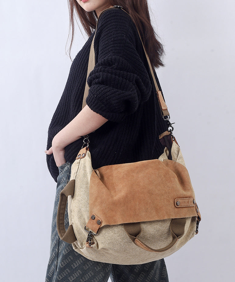 Retro Coffee Large Capacity Calf Leather Patchwork Canvas Satchel Bag Handbag MM052