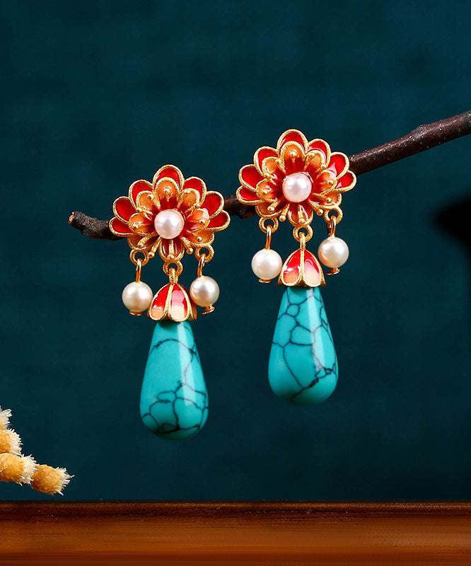 Boucles d'oreilles pendantes rétro à motif floral en émail et perles incrustées d'or antique et de blocs de couleur DF1029