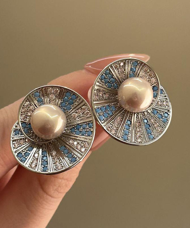 Zircon Shell Retro Pearl Copper Stud Colorblock Overgild Earrings
