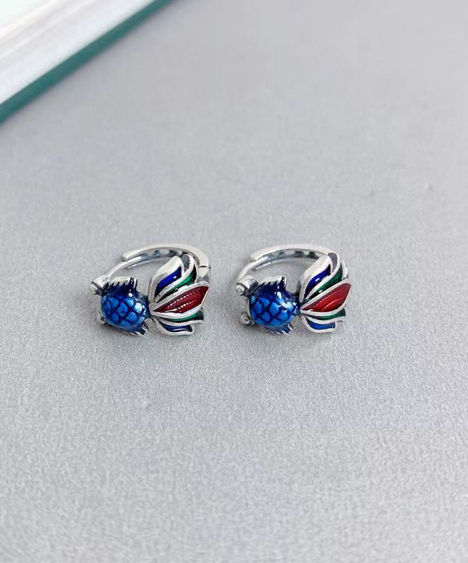 Boucles d'oreilles créoles rétro en argent sterling émaillé avec motif carpe koï GH1062