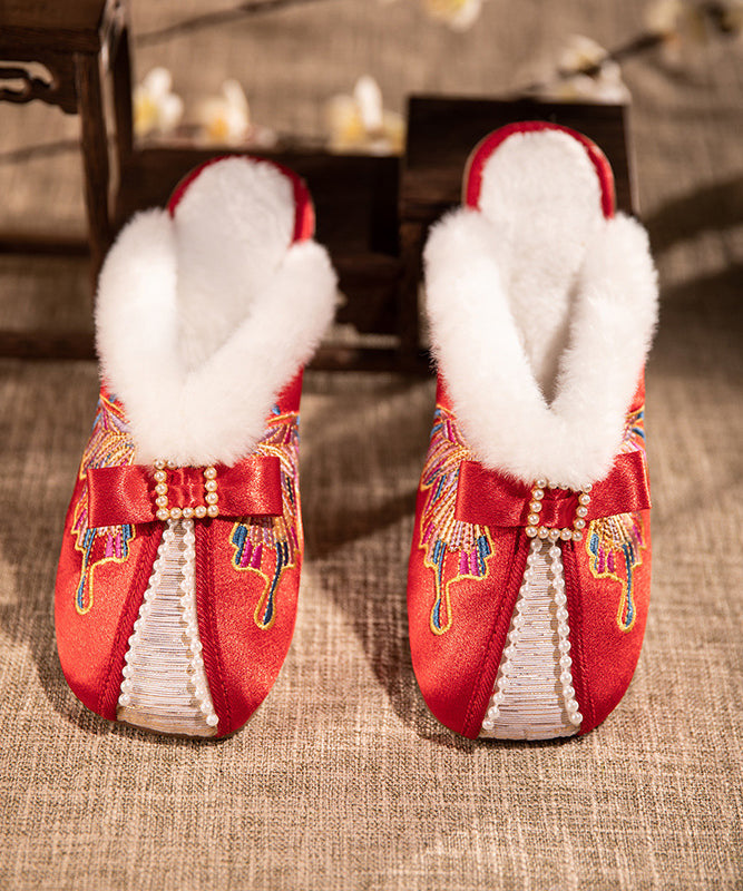 Retro Embroidery Chunky Slippers Shoes White Satin Fuzzy Wool Lined RX027