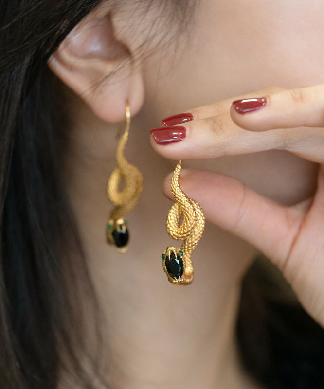 Retro Gold 14K Gold Black Agate Emerald Snakelike Drop Earrings WO009