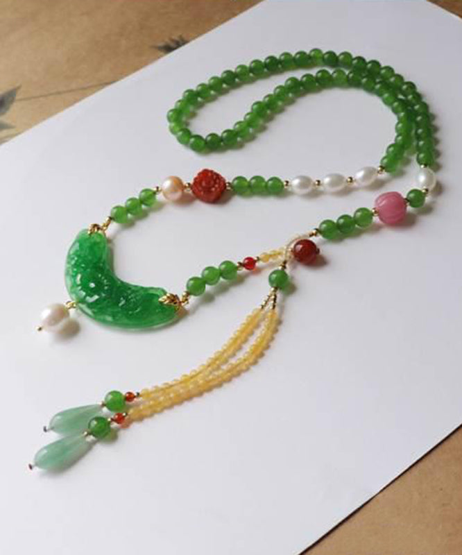 Collier pendentif à pompon en émail coloré avec perle d'agate de jade verte rétro KX1027