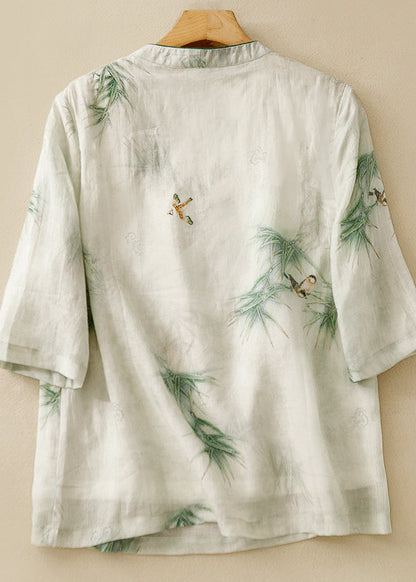 Retro Green Stand Collar Embroidered Linen Shirt Top Summer AM1049