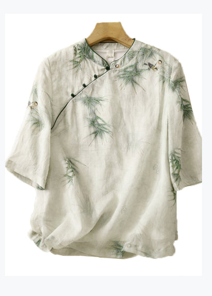 Retro Green Stand Collar Embroidered Linen Shirt Top Summer AM1049