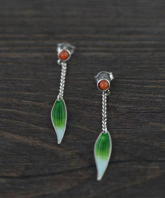 Boucles d'oreilles pendantes en forme de feuille de bambou en argent sterling vert rétro avec agate cloisonnée et émail QQ057