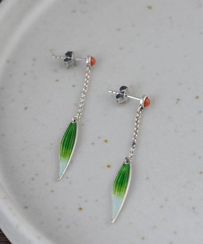 Boucles d'oreilles pendantes en forme de feuille de bambou en argent sterling vert rétro avec agate cloisonnée et émail QQ057