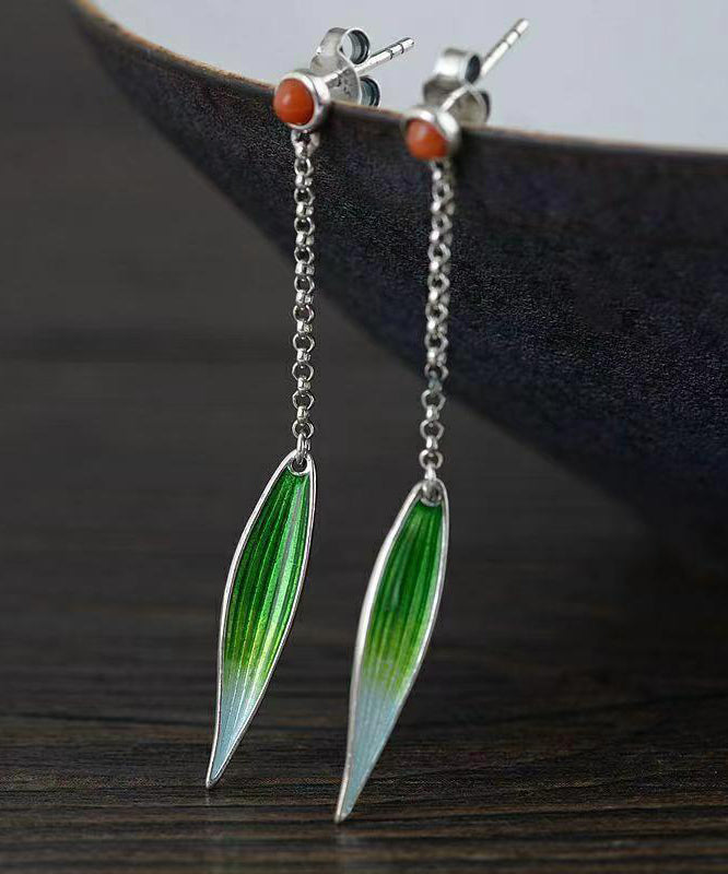 Retro Green Sterling Silver Agate Cloisonne Enamel Bamboo Leaf Drop Earrings QQ057