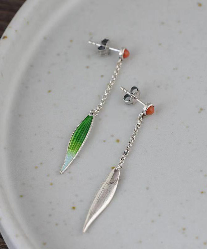 Boucles d'oreilles pendantes en forme de feuille de bambou en argent sterling vert rétro avec agate cloisonnée et émail QQ057