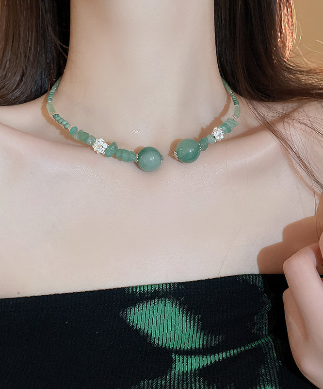 Retro Green Sterling Silver Overgild Jade Zircon Crystal Beading Gratuated Bead Necklace QD022