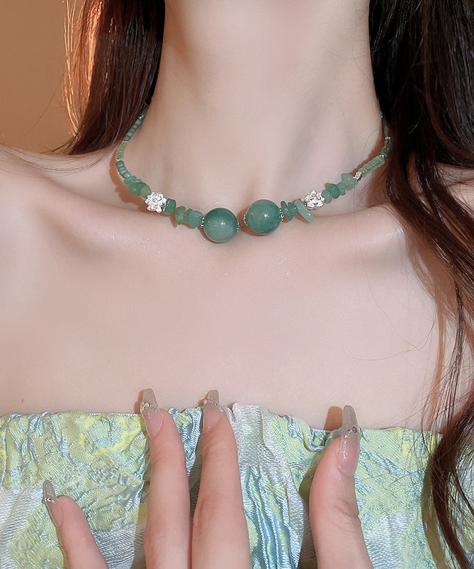 Collier de perles rétro en argent sterling vert surdoré avec cristal de zircon et jade AB1092