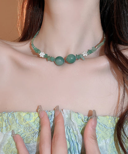 Retro Green Sterling Silver Overgild Jade Zircon Crystal Beading Gratuated Bead Necklace QD022