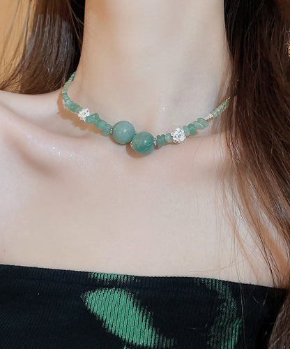 Retro Green Sterling Silver Overgild Jade Zircon Crystal Beading Gratuated Bead Necklace QD022