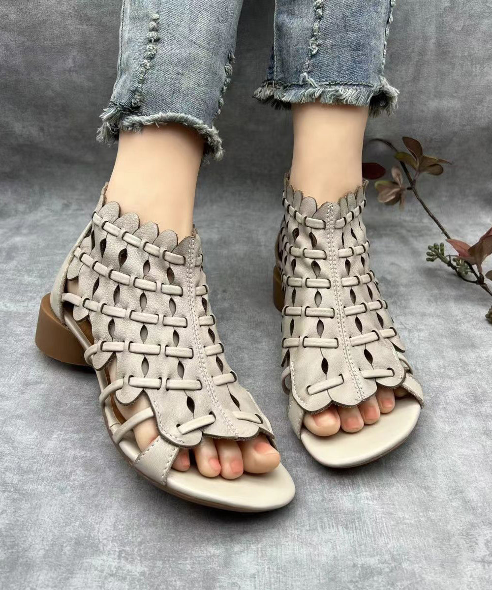 Retro Hollow Out Chunky Sandals Brown Cowhide Leather RT1004