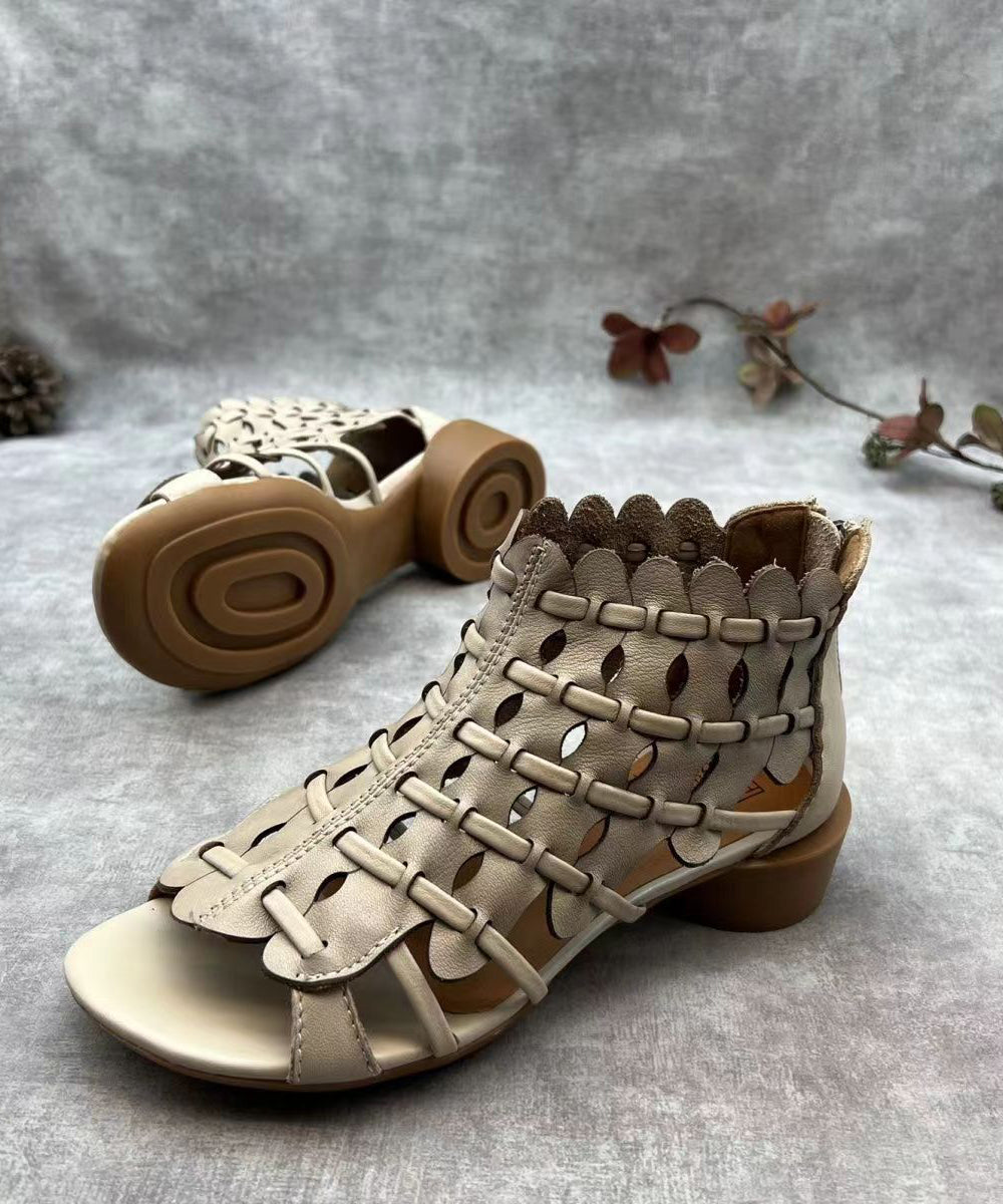 Retro Hollow Out Chunky Sandals Brown Cowhide Leather RT1004