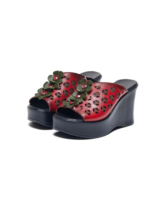 Retro Leather Flowers Oriental Style Wedge Slippers Ada Fashion