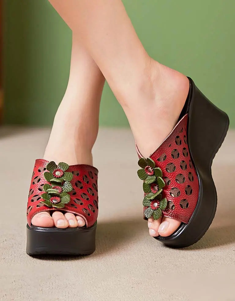 Retro Leather Flowers Oriental Style Wedge Slippers Ada Fashion