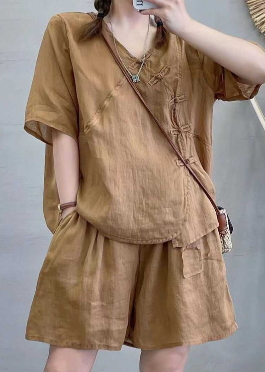 Retro Light Brown Chinese Button Tops And Shorts Cotton Two Pieces Set Summer QK016