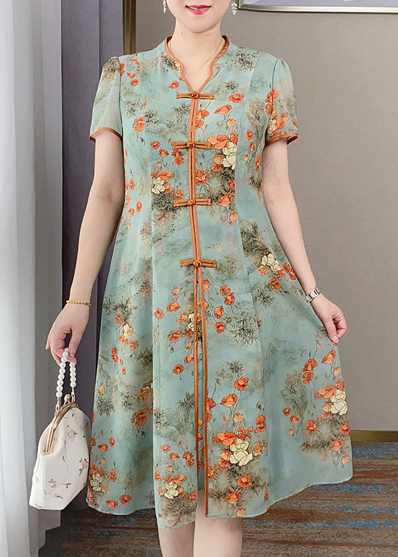 Robe en soie à imprimé rétro orange à col en V et boutons chinois pour l'été BB014