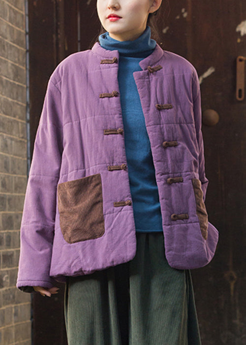 Retro Purple Chinese?Button Pockets Thick Parkas Winter QO057