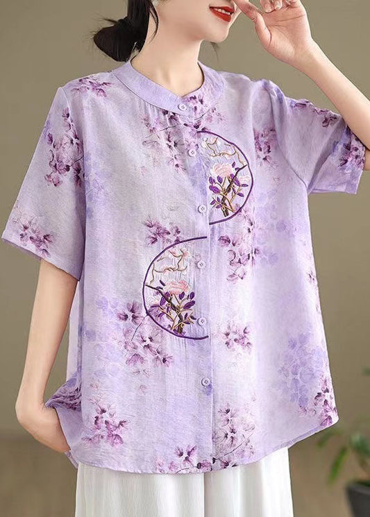 Chemise en coton brodée à col montant violet rétro été AP090