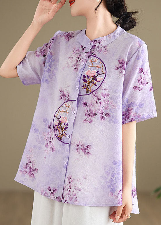 Chemise en coton brodée à col montant violet rétro été AP090