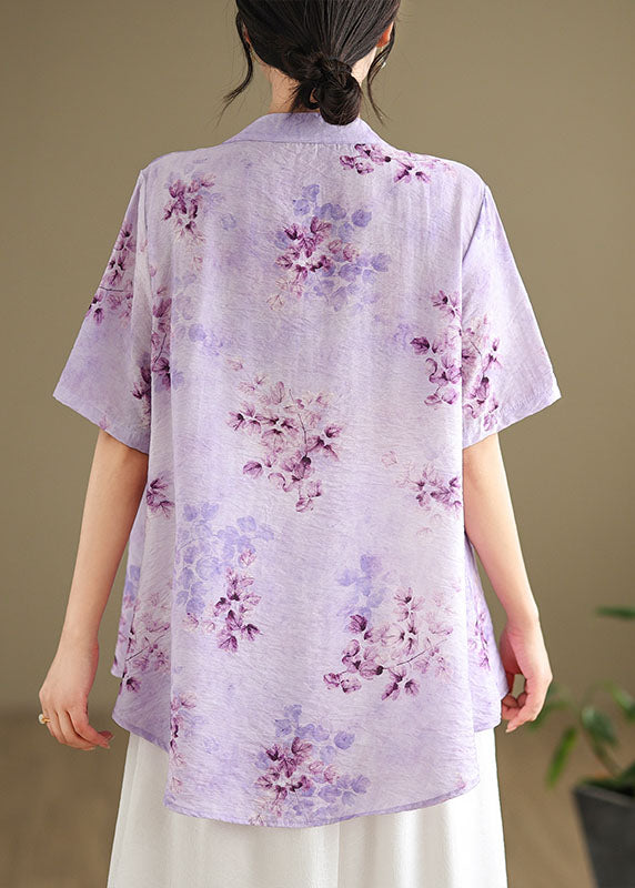 Chemise en coton brodée à col montant violet rétro été AP090