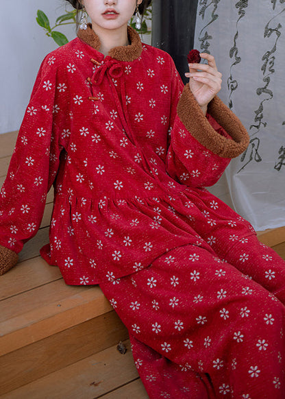 Retro Red Embroidered Patchwork Warm Fleece Sets 2 Pieces Spring TQ010