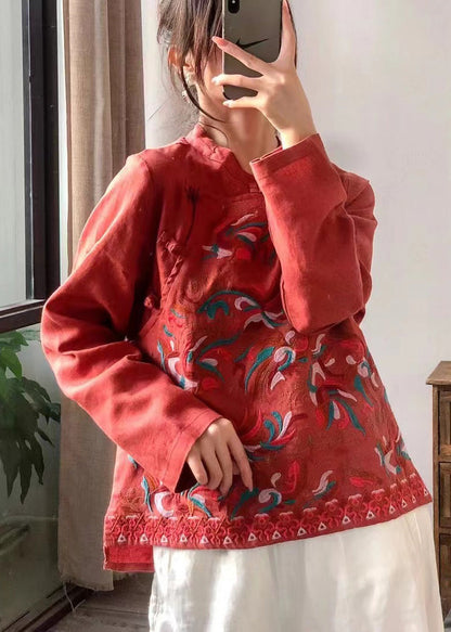 Retro Red Stand Collar Embroidered Linen Shirt Long Sleeve LK027