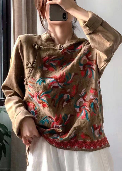 Retro Red Stand Collar Embroidered Linen Shirt Long Sleeve LK027