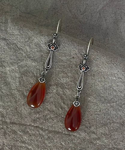 Retro Red Sterling Silver Water Drop Red Agate Drop Earrings QU046