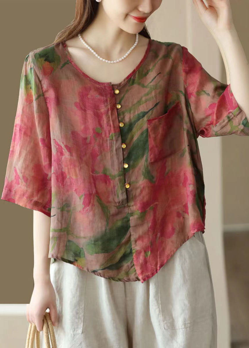 Retro Rose O Neck Asymmetrical Print Linen Top Summer FF028