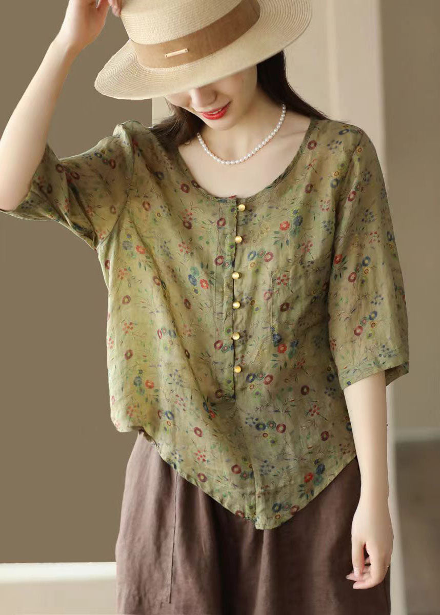 Retro Rose O Neck Asymmetrical Print Linen Top Summer FF028