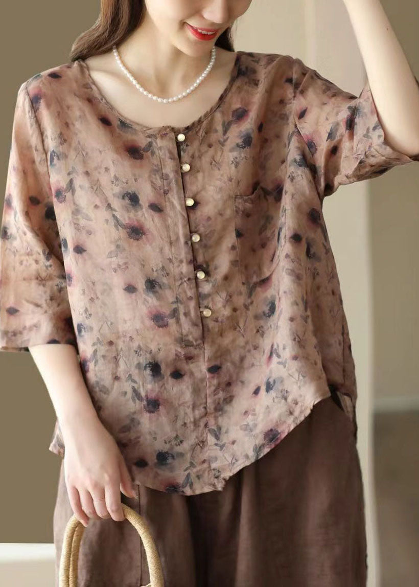 Retro Rose O Neck Asymmetrical Print Linen Top Summer FF028