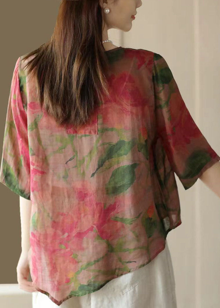 Retro Rose O Neck Asymmetrical Print Linen Top Summer FF028