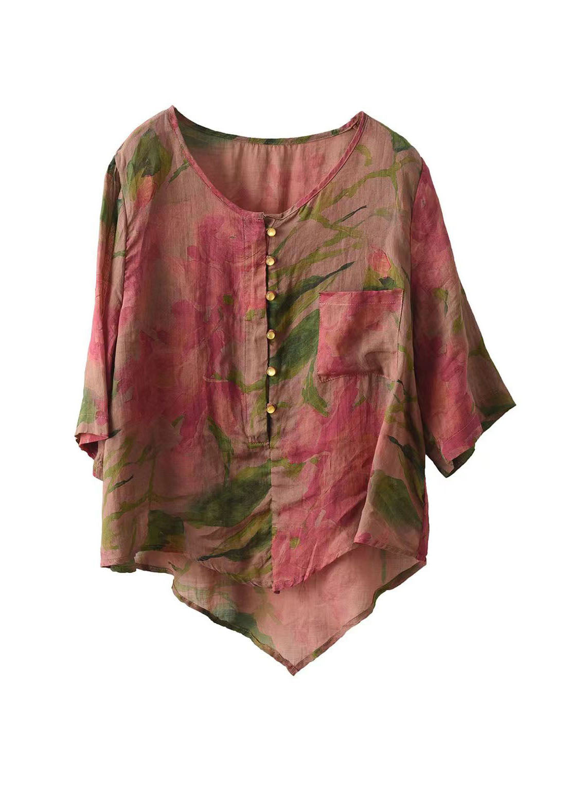 Retro Rose O Neck Asymmetrical Print Linen Top Summer FF028