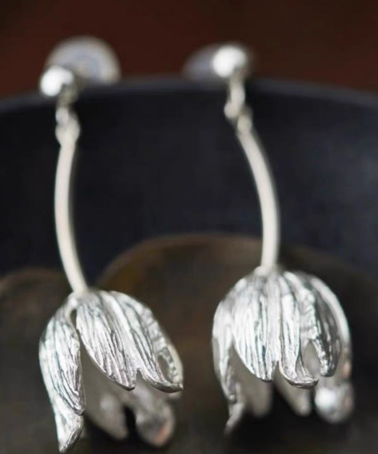 Boucles d'oreilles pendantes florales en argent sterling et soie rétro QQ055