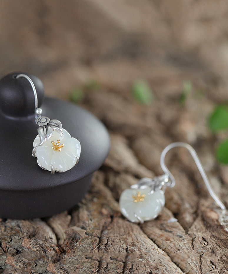 Boucles d'oreilles pendantes rétro en argent sterling et soie avec incrustations de jade et de fleurs KX1088