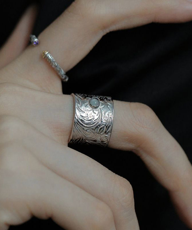 Sterling Retro Inlay Jade Silk Silver Rings