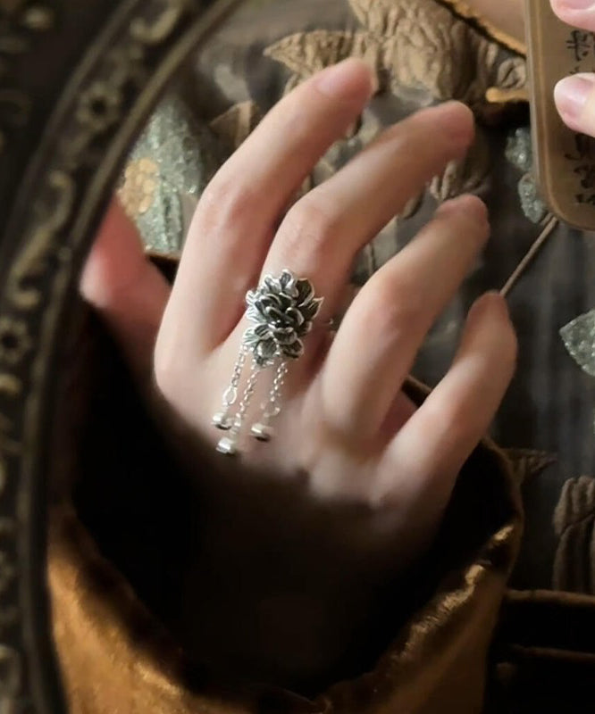 Peony Tassel Sterling Silk Retro Rings Silver